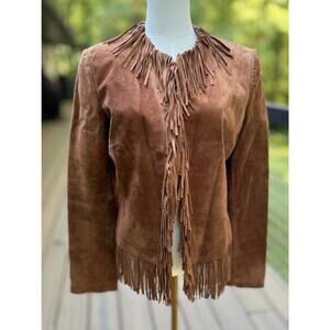 VTG Brown Suede Leather Fringe Western Boho Jacket Coat Siena Studio M Excellent